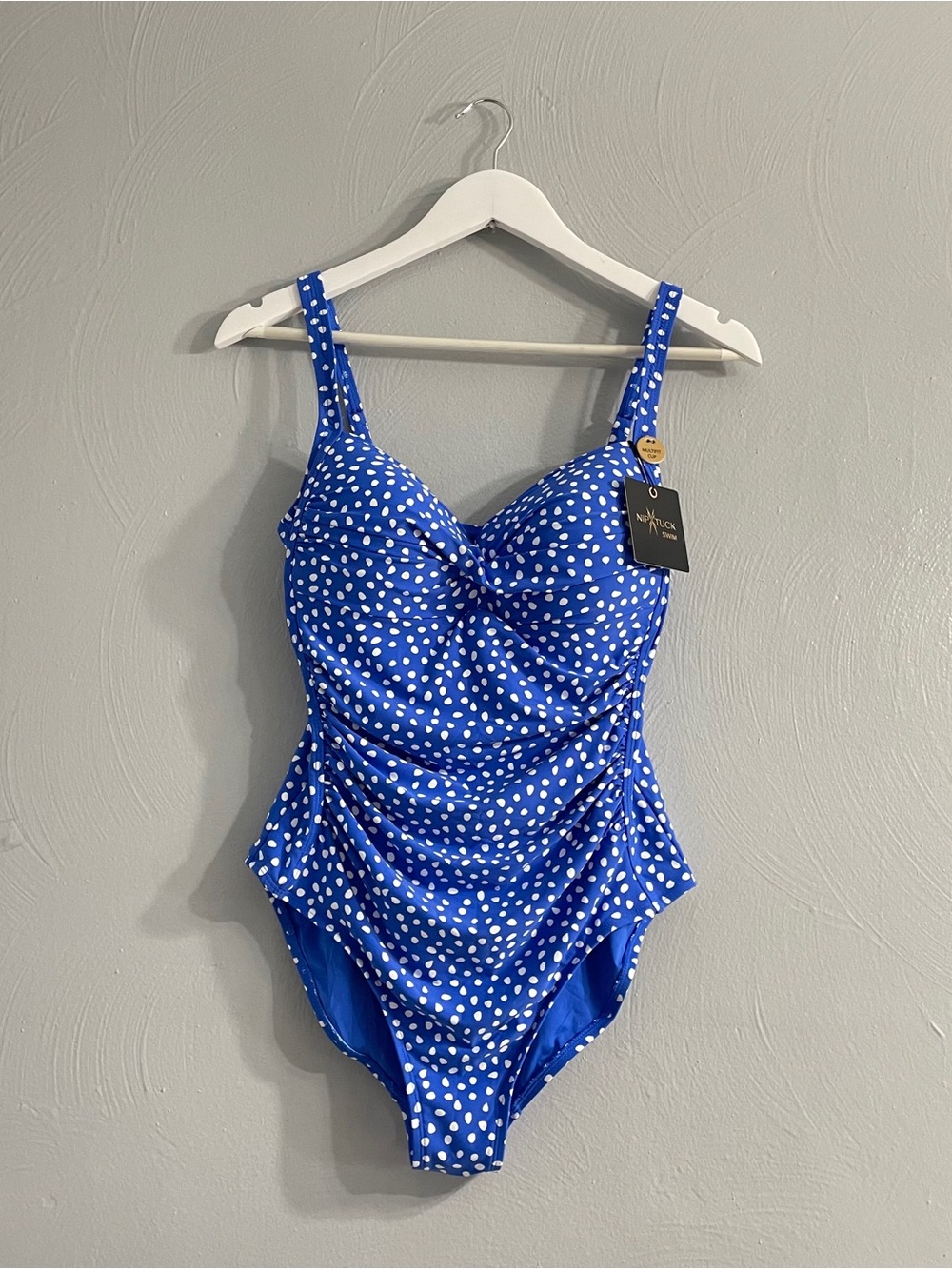 Niptuck swim Blue Polka Dot One-Piece Swimsuit ruched size 10 NWT New